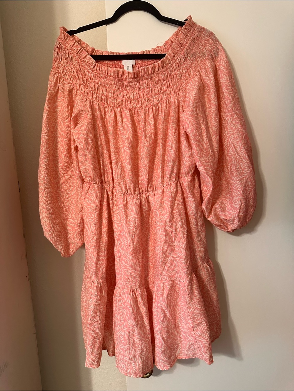 H&M Coral Pink Off-Shoulder Smocked Mini Dress